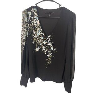 White House Black Market Black Floral Long Sleeve Blouse Size M Elegant Party De